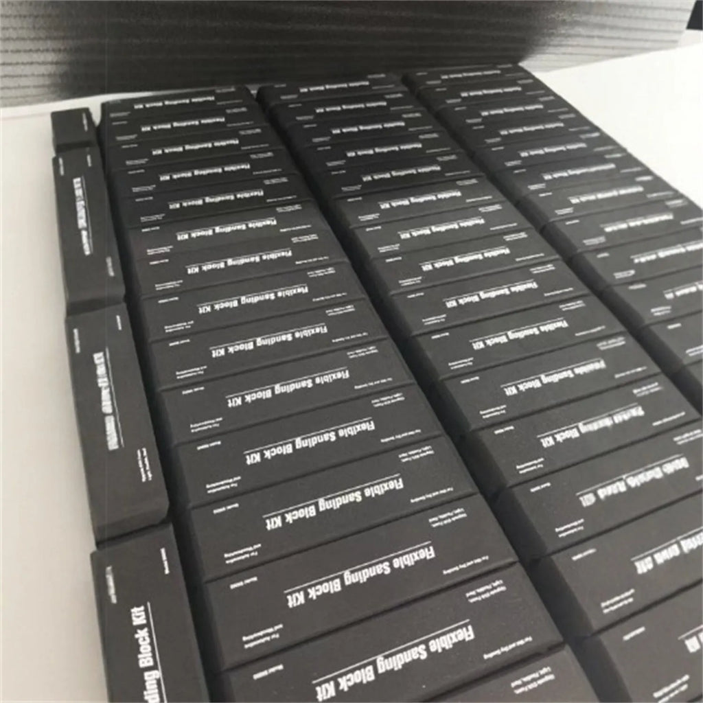 Seven black EVA frosted building blocks with metal construction