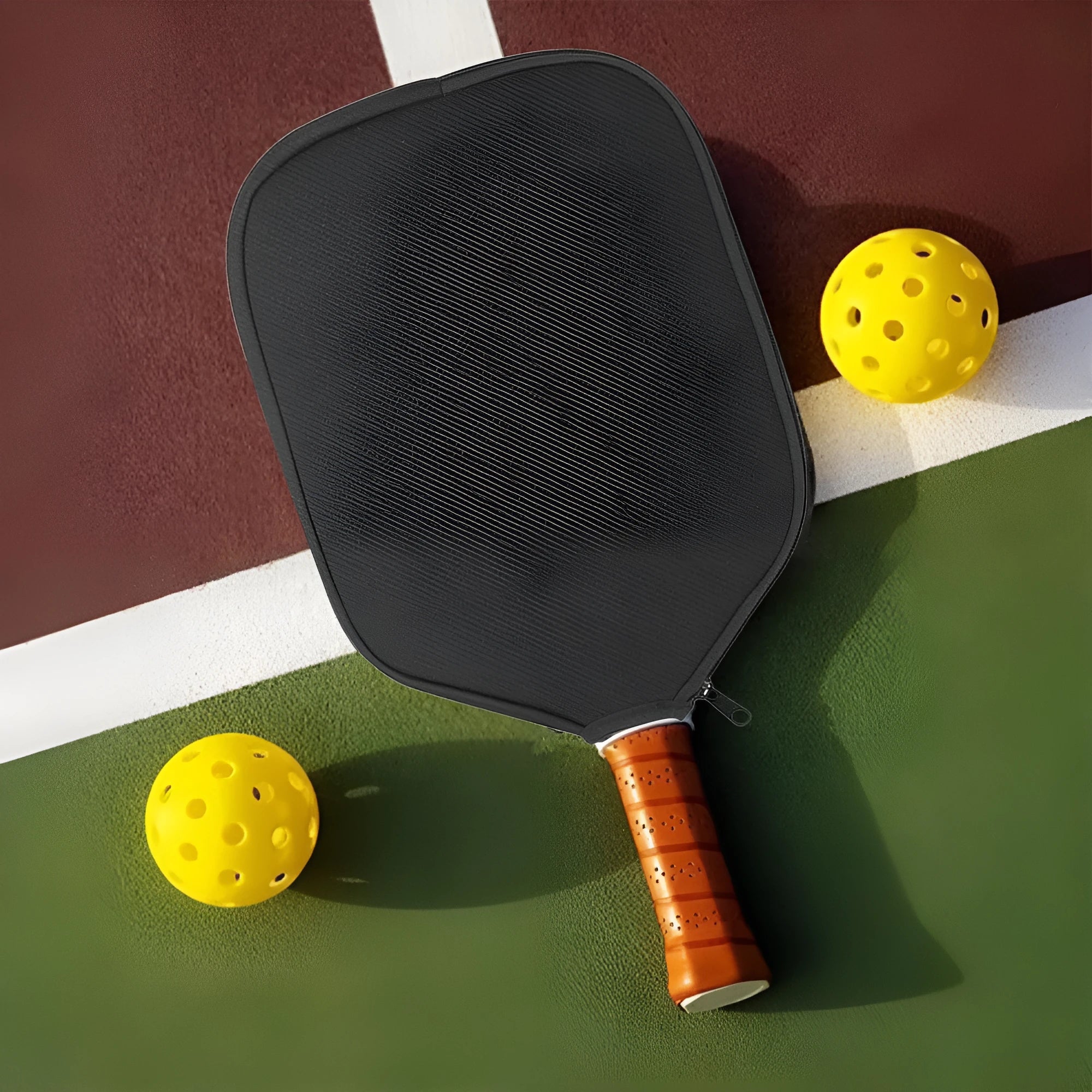 Black neoprene protective sleeve for a table tennis racket on a plain background