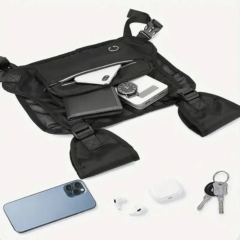 Black adjustable reflective polyester chest bag for running and cycling with multiple compartments and orange lining