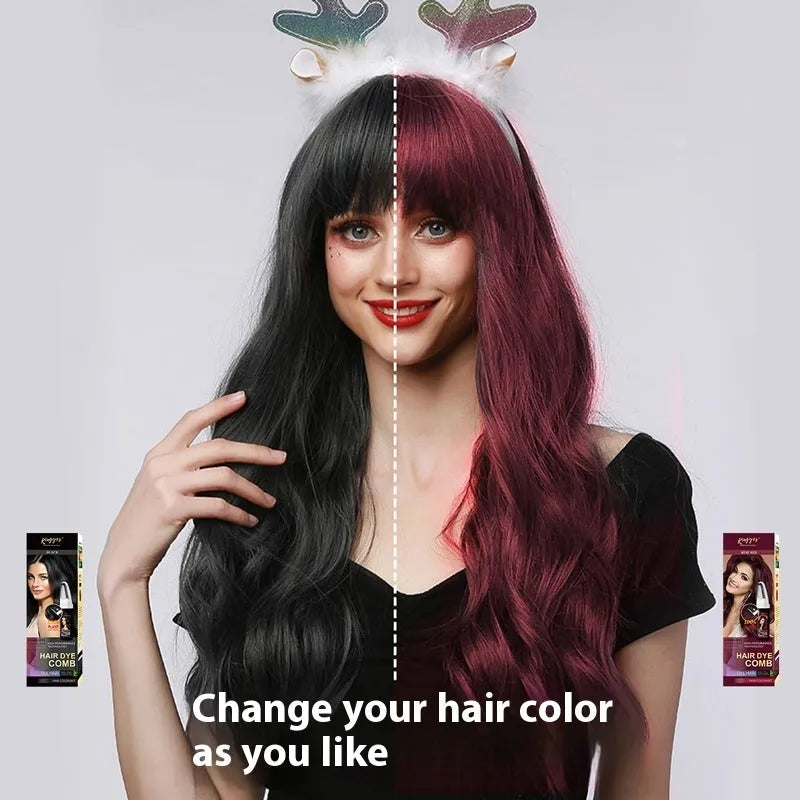Permanent hair dye kit bottle with attached comb applicator in brown, wine red, or dark brown shade.