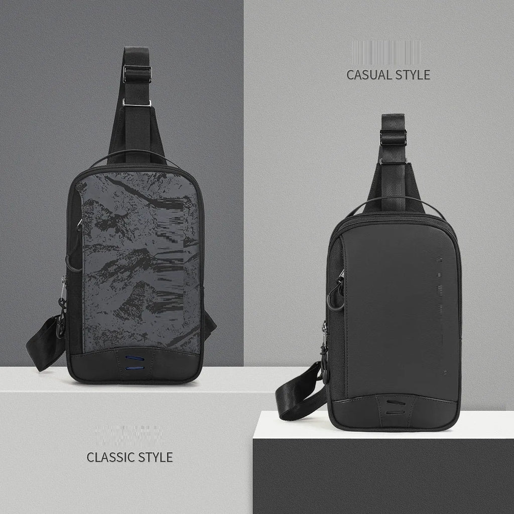 Black camouflage pattern chest pack with waterproof TPU material and square vertical shape for street style daily wear