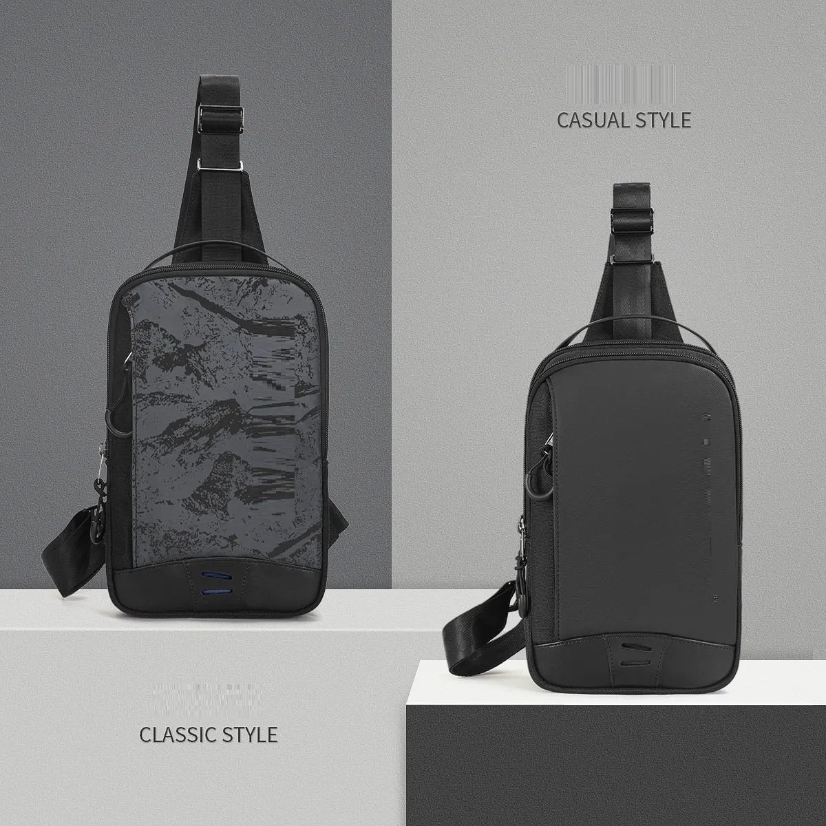 Black camouflage pattern chest pack with waterproof TPU material and square vertical shape for street style daily wear