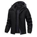 Plus size men's black waterproof hooded winter coat on a hanger.