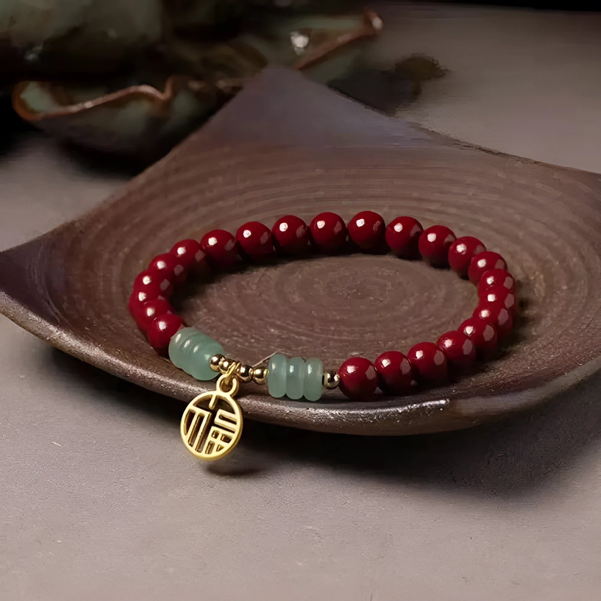 Handmade cinnabar bracelet with copper bead accent in wave shape, unisex design, available in pumpkin or brand cinnabar