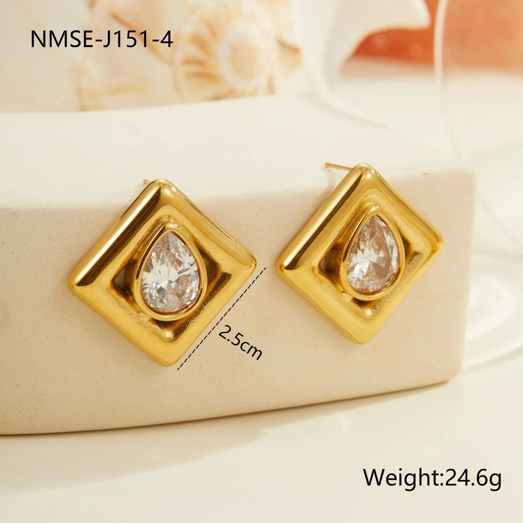Gold geometric stud earrings with inlaid water drop zircon stones on stainless steel