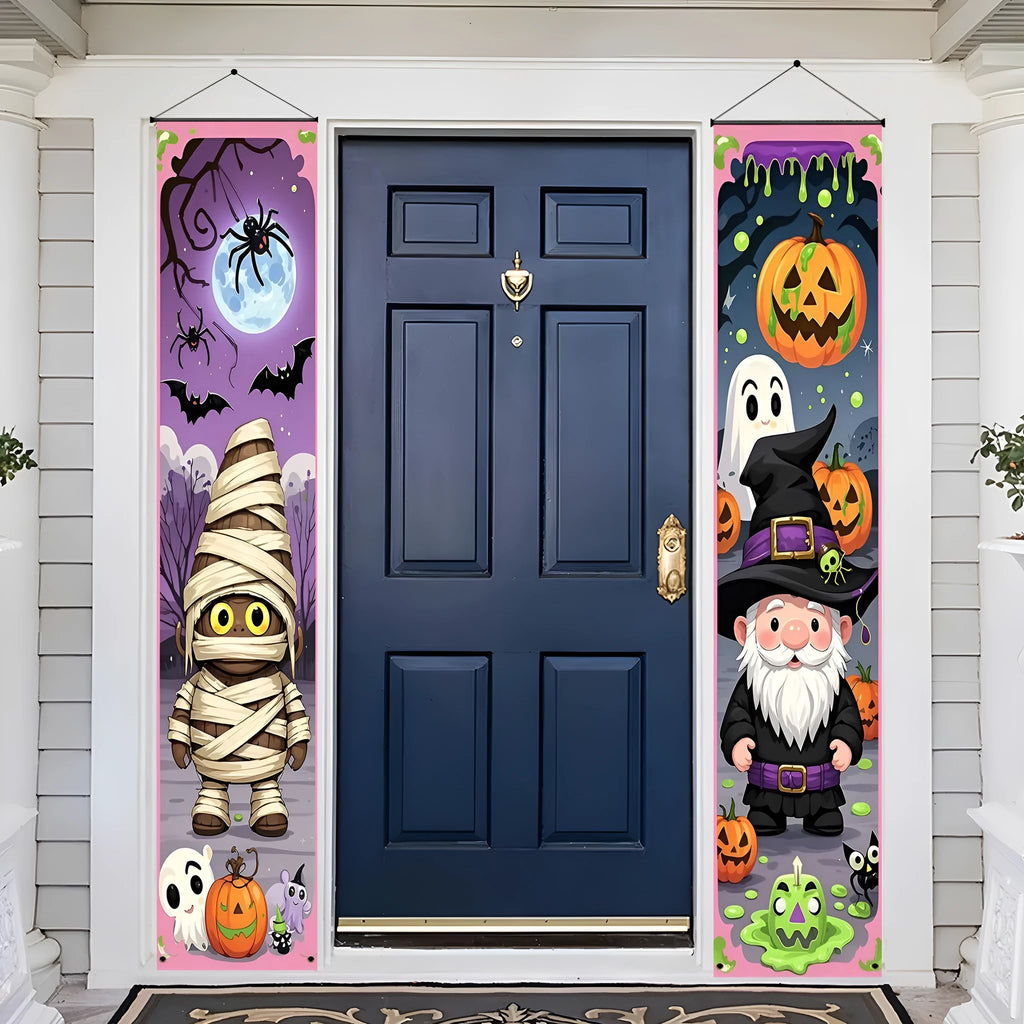 Pair of polyester Halloween couplet hanging flags, each 30x180cm, printed with traditional design