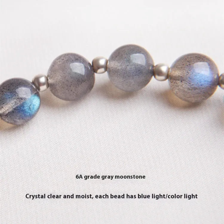 Moonlight lime strawberry crystal bracelet for women, 925 silver setting with 7.5mm grey moonlight stone beads