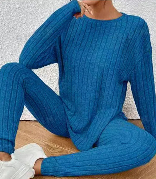 Women's black sunken stripe polyester two-piece loungewear set with top and pants