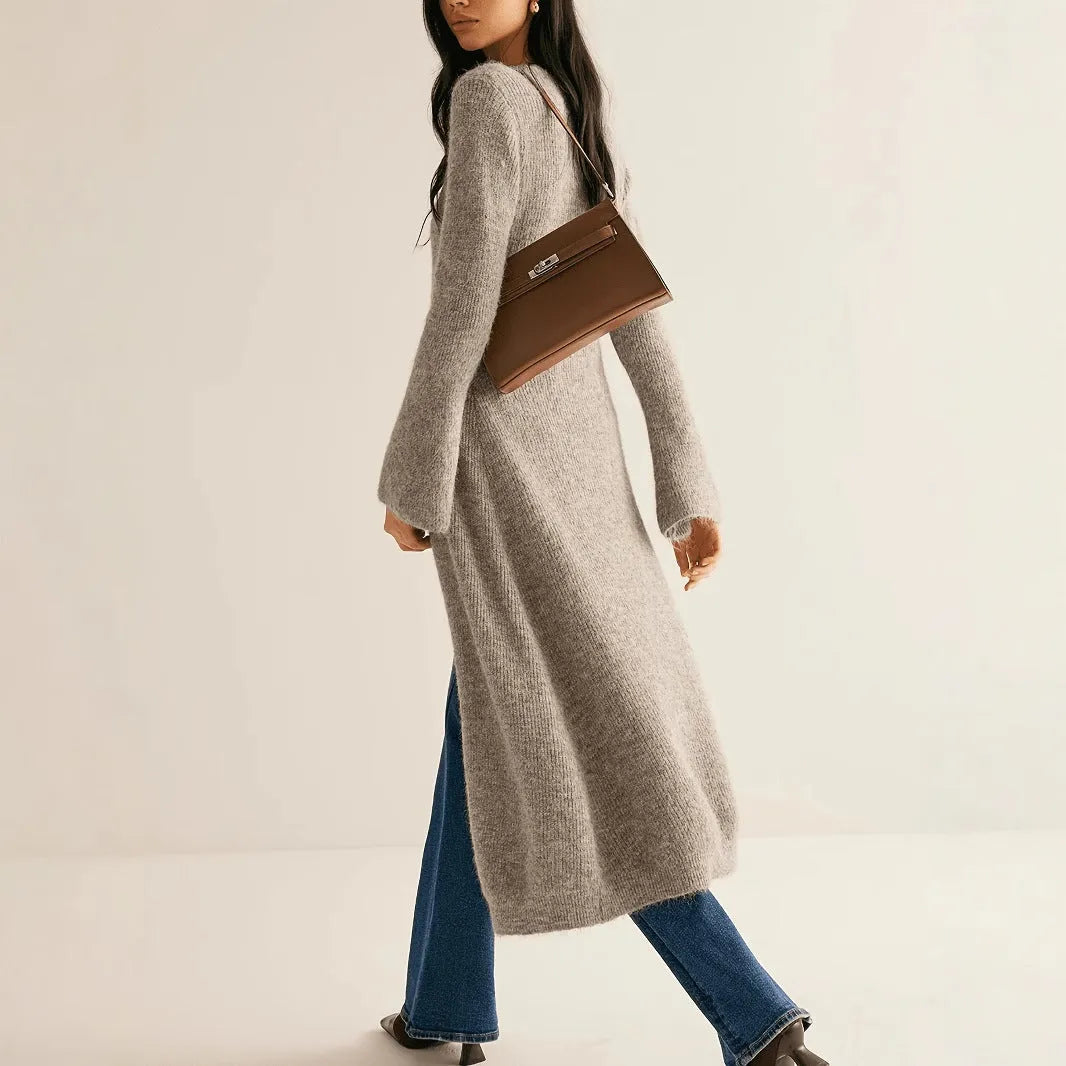 Khaki viscose acrylic blend button-front long sleeve cardigan for women, classic cardigan model