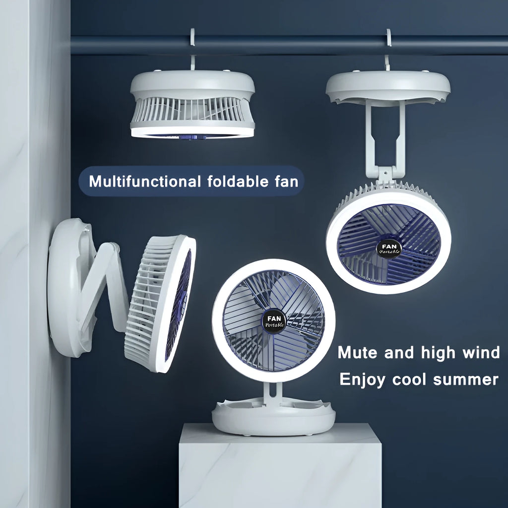 Blue USB foldable table fan with LED night light, pen holder, and four speed settings on a desk