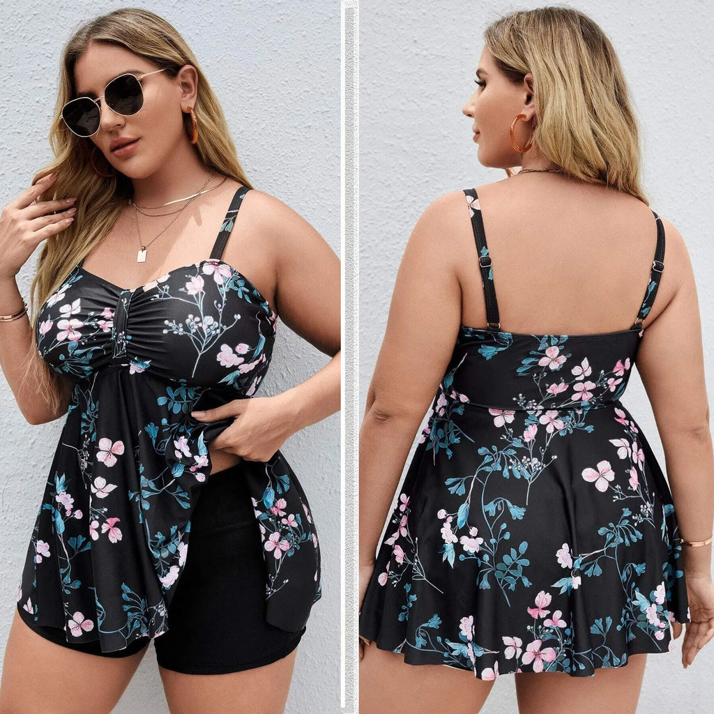 Women's floral print one-piece swimsuit with split colour design showing high elasticity fabric
