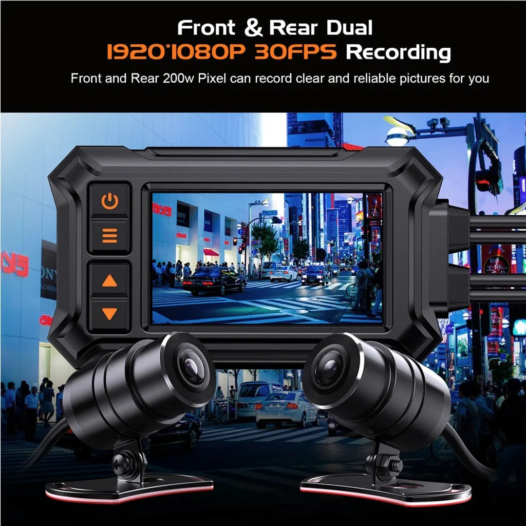 Motorcycle dash cam with dual lenses, 3-inch display, and waterproof housing for front/rear recording