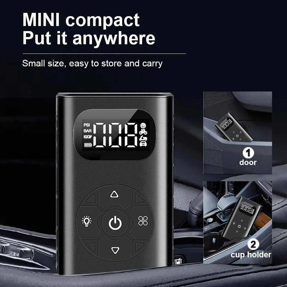 Black portable power bank tyre inflator with digital display and 16cm hose for car motorcycle bicycle