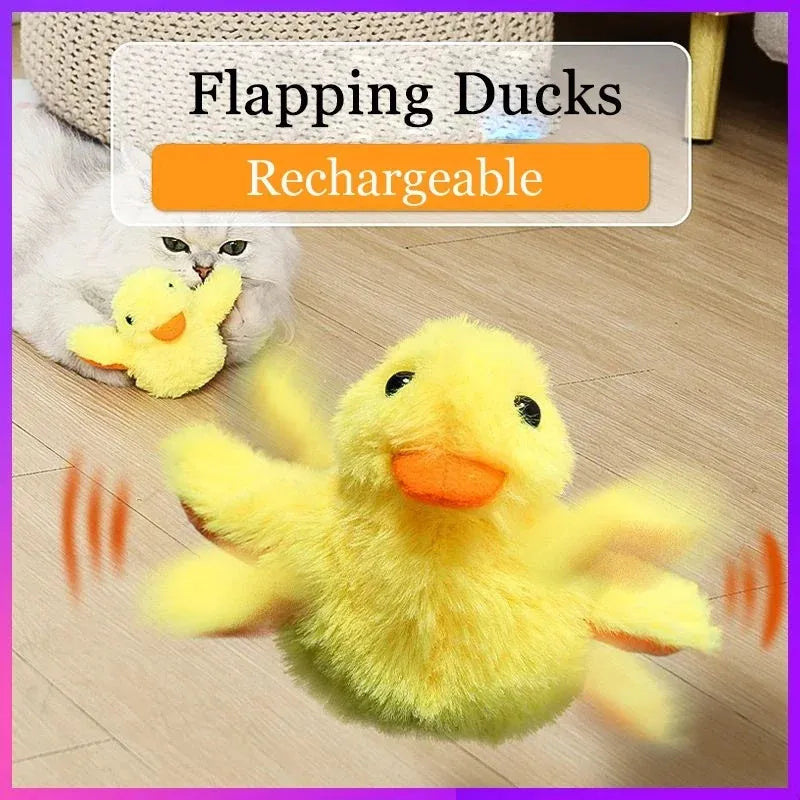 Yellow flapping duck cat toy with vibration sensor and USB charging cable