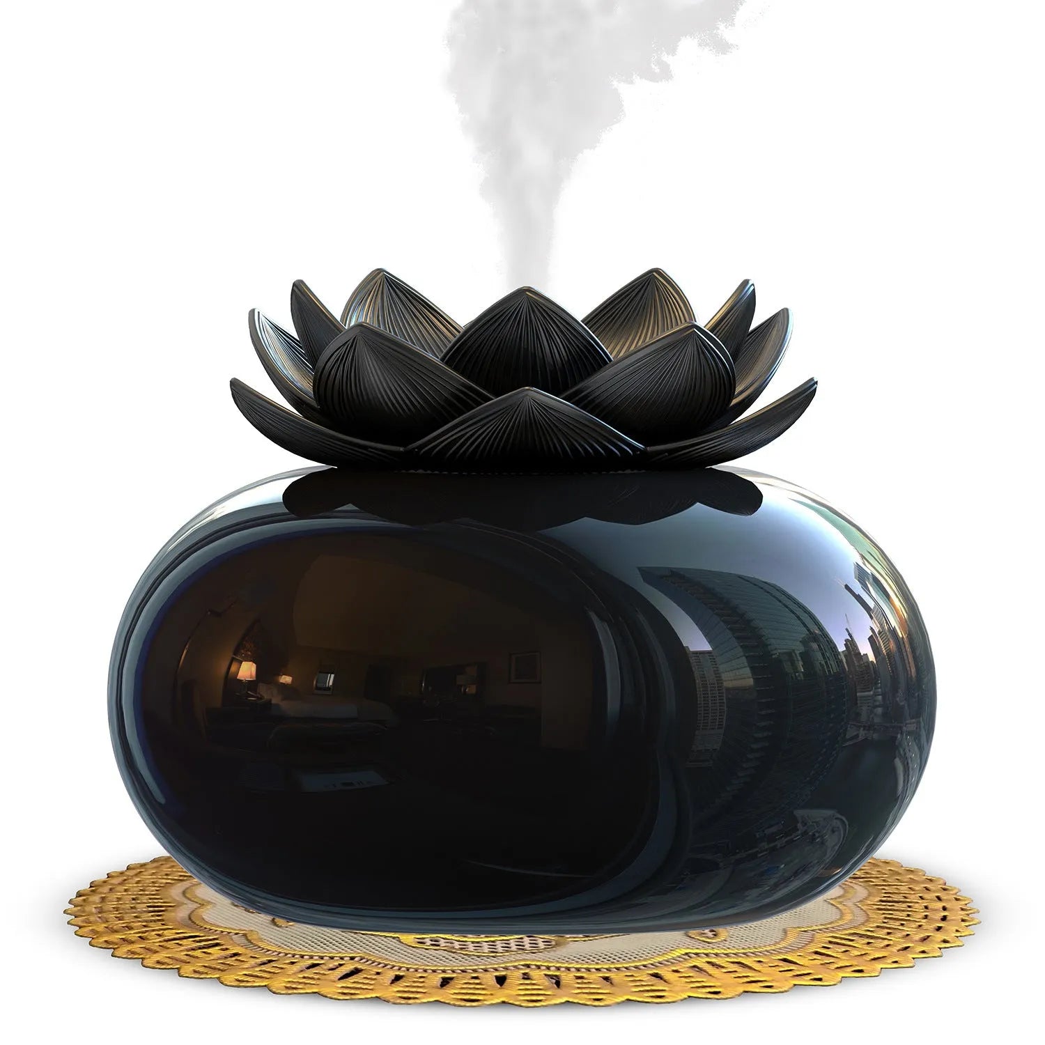 Pure black circular Lotus USB aromatherapy humidifier with ultrasonic ceramic technology