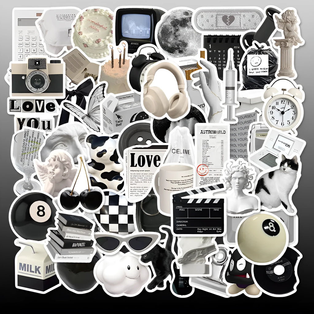 61 black and white waterproof PVC stickers for laptops and phones on a sheet.