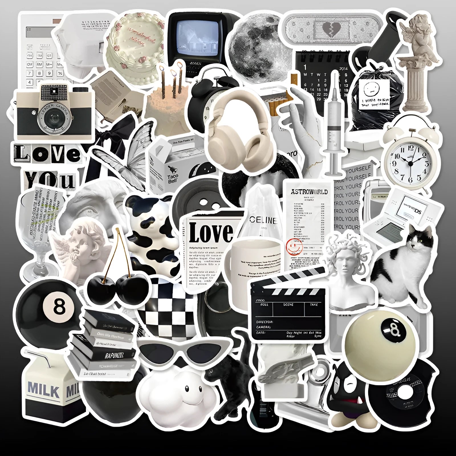 61 black and white waterproof PVC stickers for laptops and phones on a sheet.