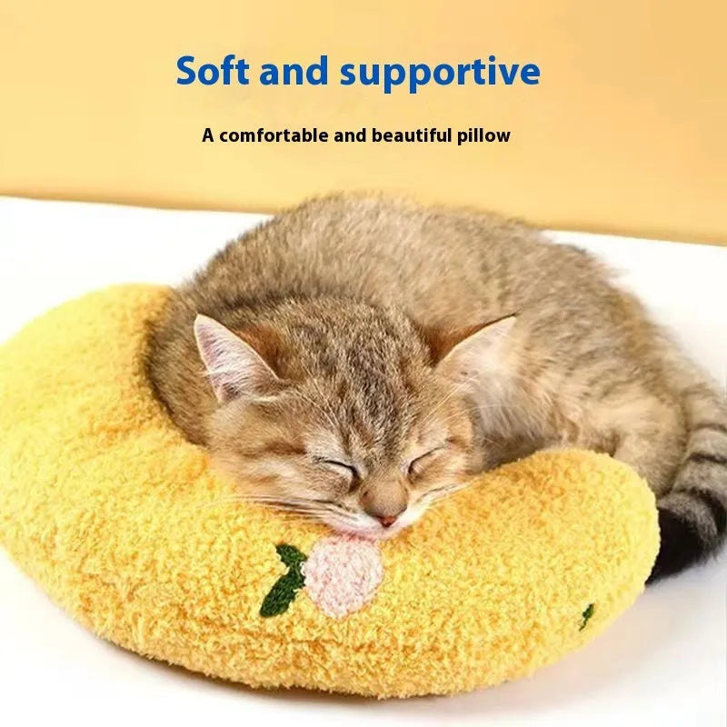 Pet sleeping mat with U-shaped pillow in moon or question mark design for cat neck protection