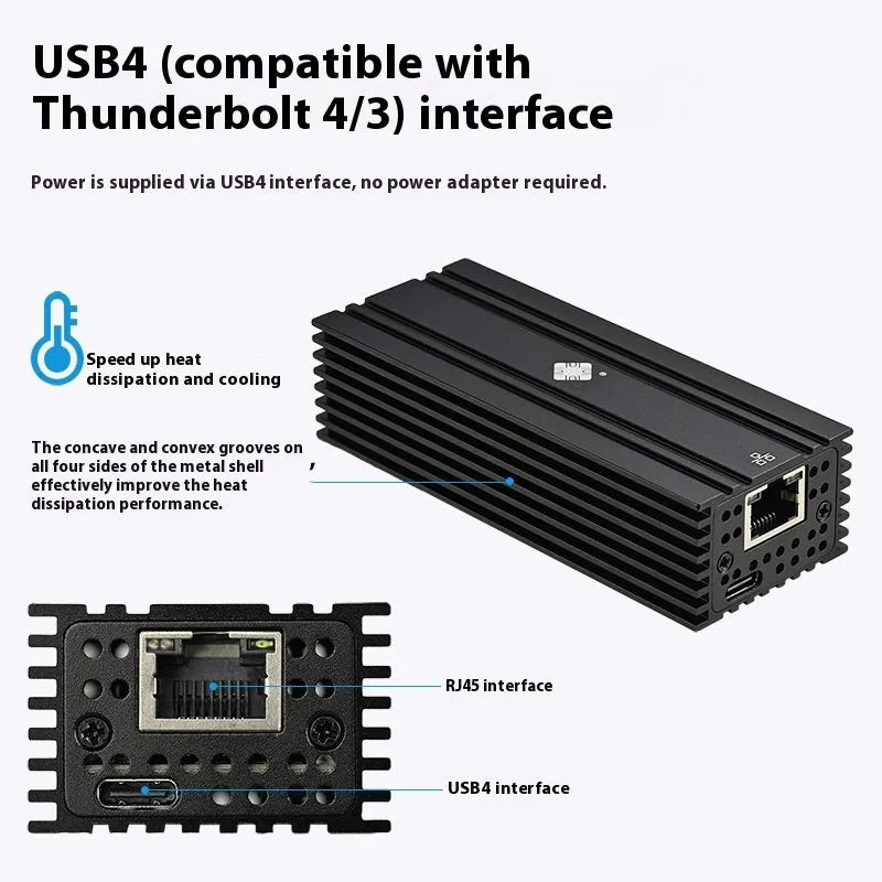 Black Leyu USB4 to RJ45 10G network adapter with 20cm cable