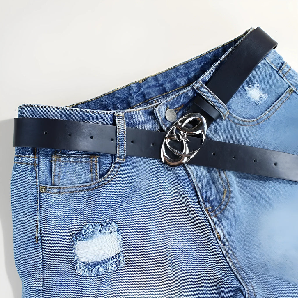 Men's silver buckle casual belt with PU leather strap, showing snap button closure.
