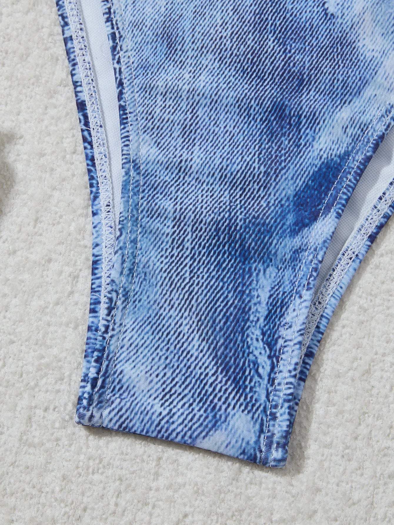 Women's denim print bikini set with strap details in blue colour