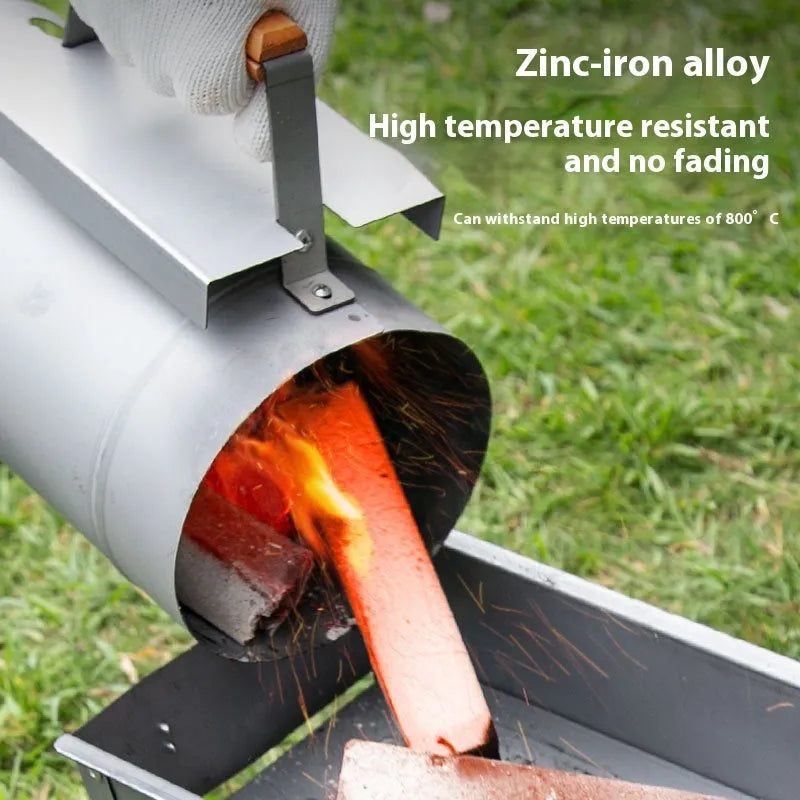 Zinc-iron alloy outdoor charcoal fire starter igniter with pointed carbon barrel.