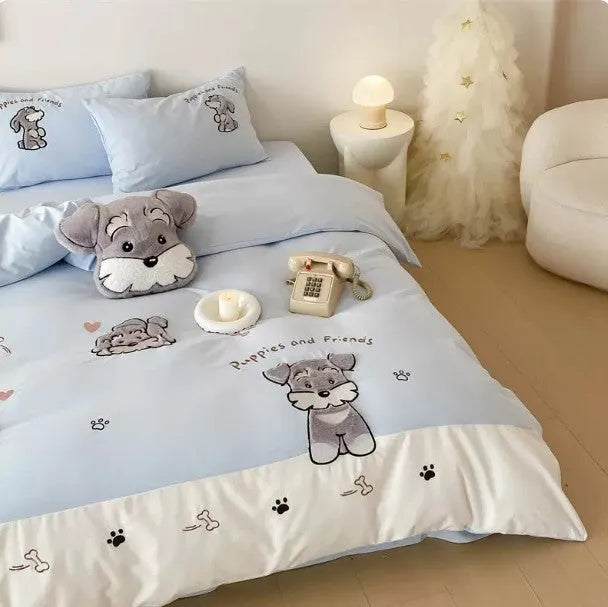 Cartoon Schnauzer pattern bed linen set with embroidered details on a cotton quilt cover and pillowcase.