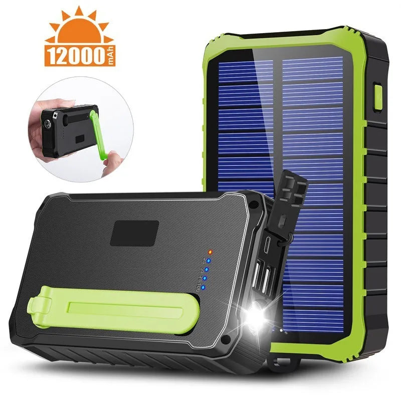 Hand solar mobile power bank 12000mAh orange green dual USB LED lamp