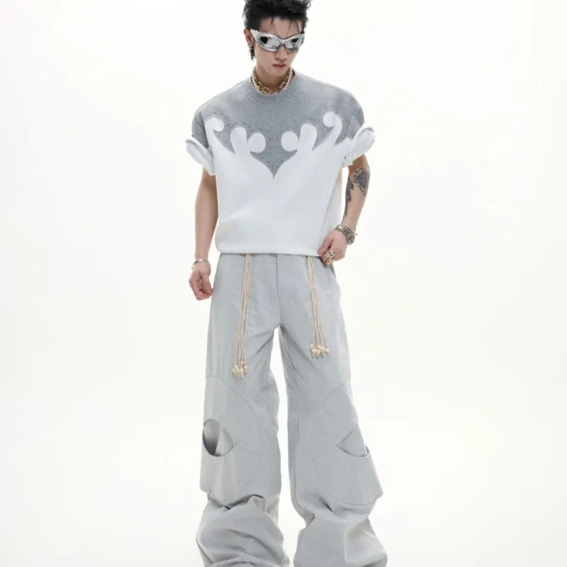Men's cotton shirt with burnt flower embroidery and rhinestone detailing on chest, available in red, white, grey colours.