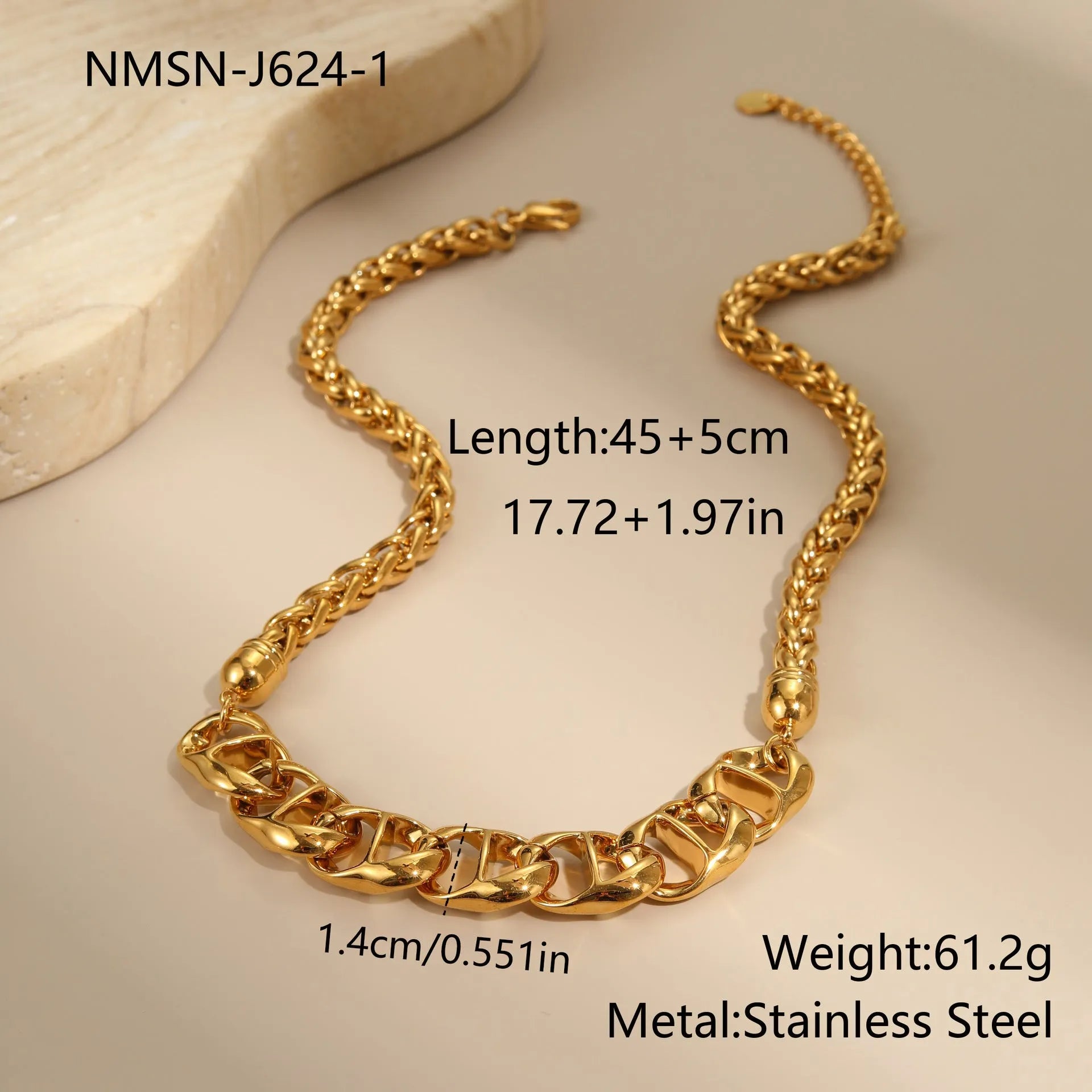 Gold plated stainless steel necklace with geometric pendant on regular chain