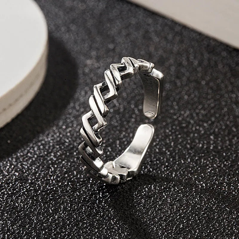 925 silver winding braided adjustable hip hop ring with geometric design silver colour