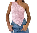 Women's sleeveless lace backless vest top with asymmetrical neckline in a solid colour.