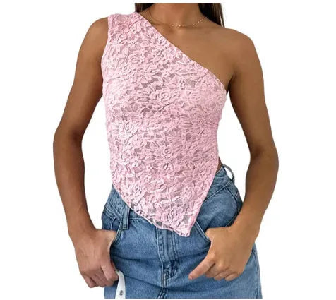 Women's sleeveless lace backless vest top with asymmetrical neckline in a solid colour.