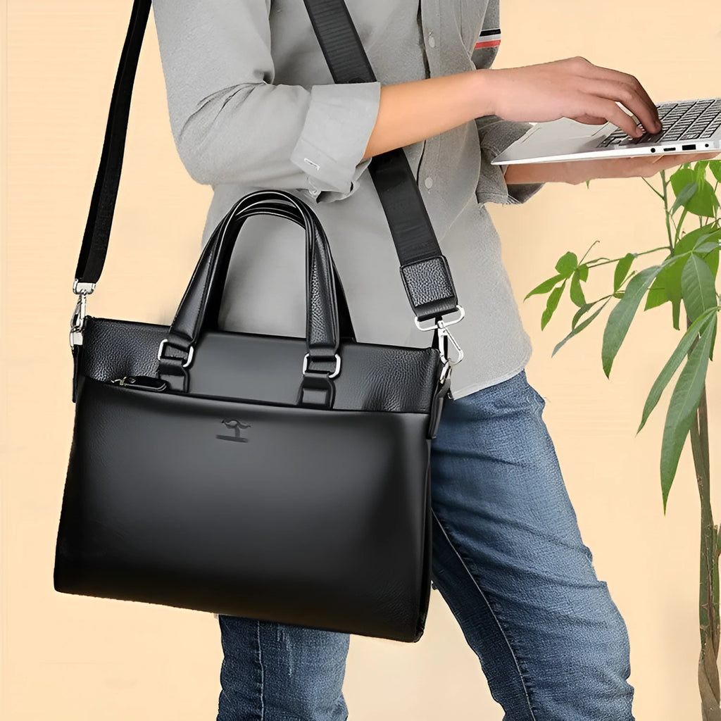 Black and brown PU leather men's messenger bag showing 35cm width and crossbody strap.