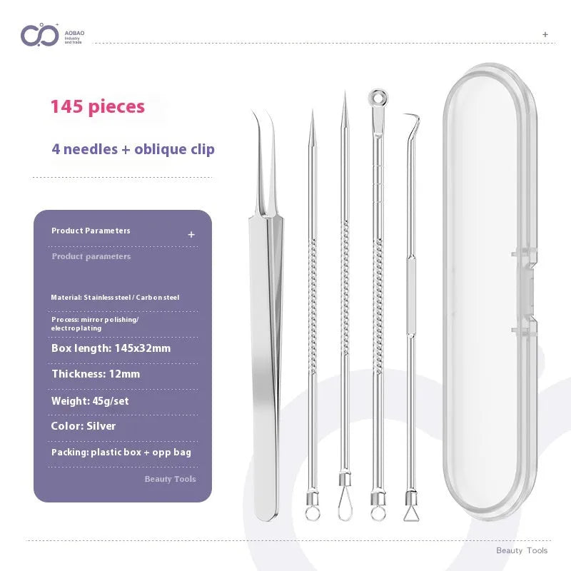 Four-piece stainless steel acne needle set with ultra-fine pointed tips and extraction clip on silver background