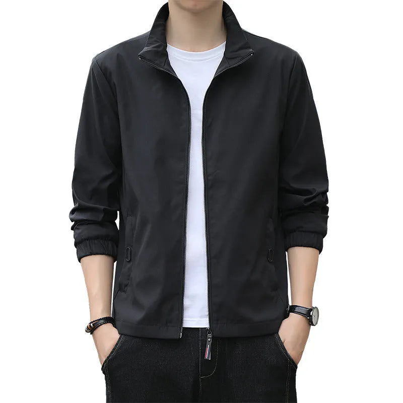 Korean style loose lapel autumn jacket in black with zip pockets shown in casual setting