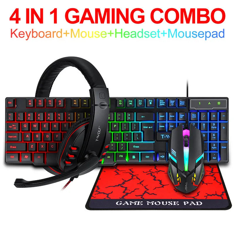Wired gaming keyboard and mouse set with headset and mouse pad arranged on desk
