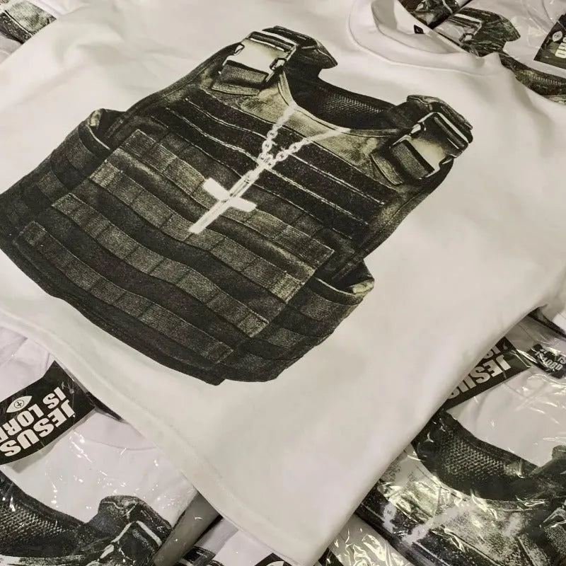 Printed cotton short sleeve t-shirt with retro street style design and drop shoulder sleeves