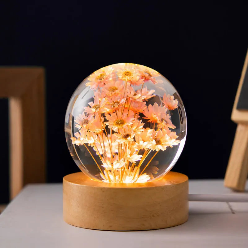 3D dandelion crystal ball LED desk lamp on beech wood base