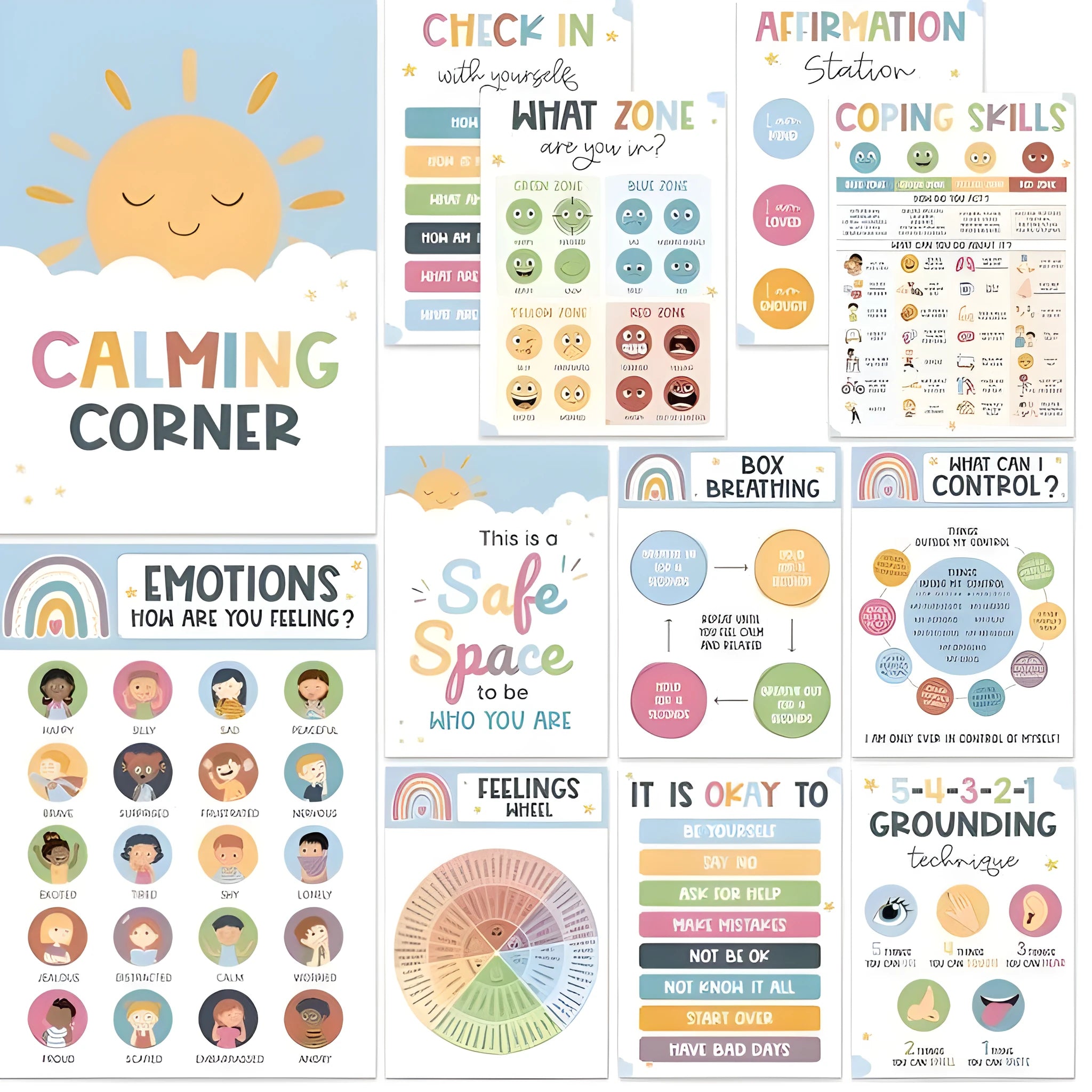 Calm corner poster set 12 or 16 sheets in 42x28cm or 35x25cm for classroom decoration