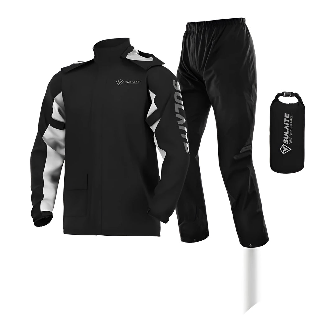 Motorcycle rain suit set showing split raincoat, rain pants, hidden shoe covers and storage bag