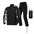 Motorcycle rain suit set showing split raincoat, rain pants, hidden shoe covers and storage bag
