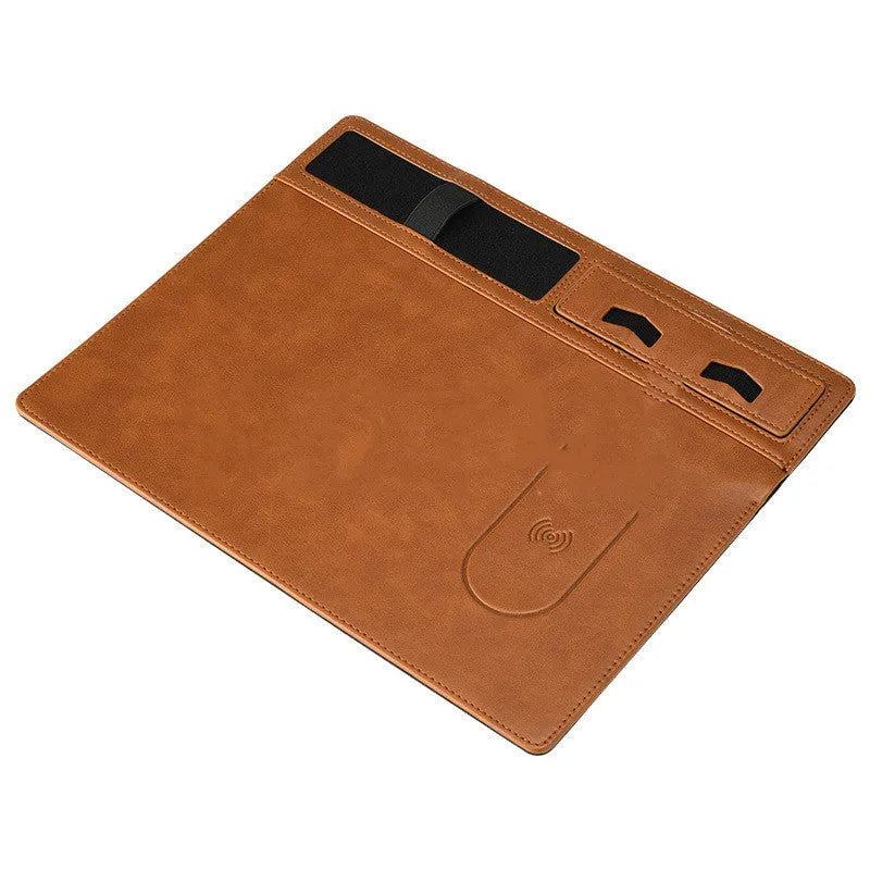 Wireless charging mouse pad with phone holder in four colour options on a desk