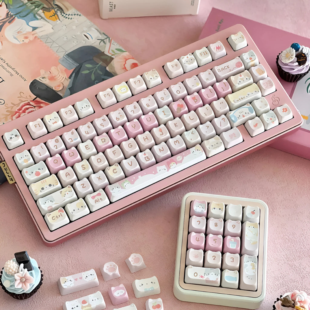Meow Meow Team themed 141-piece PBT keycap set for mechanical keyboards with five-sided sublimation printing.