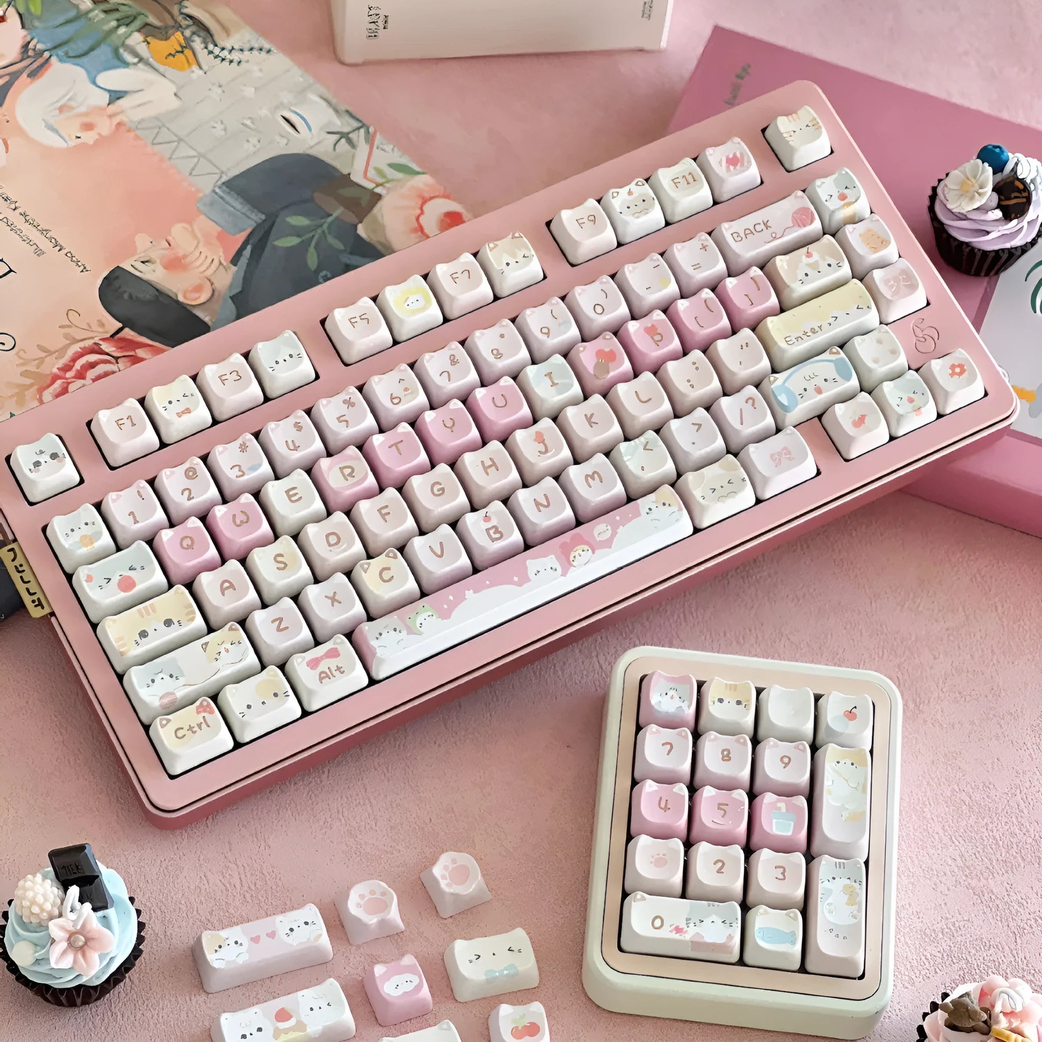 Meow Meow Team themed 141-piece PBT keycap set for mechanical keyboards with five-sided sublimation printing.