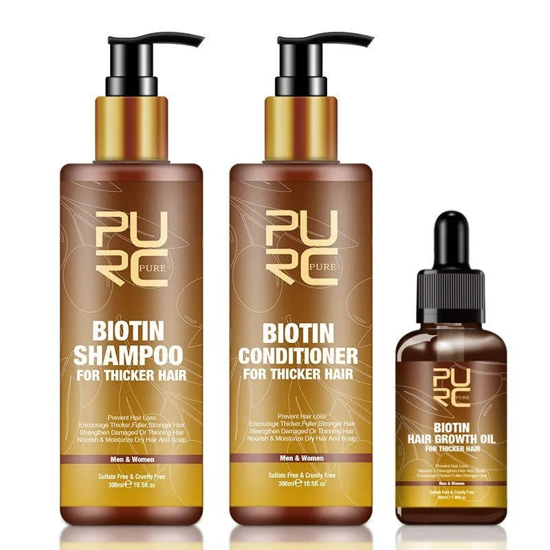 PURC Hair Care Ginger Biotin three-piece set with shampoo, conditioner and biotin essential oil on white background