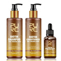 PURC Hair Care Ginger Biotin three-piece set with shampoo, conditioner and biotin essential oil on white background