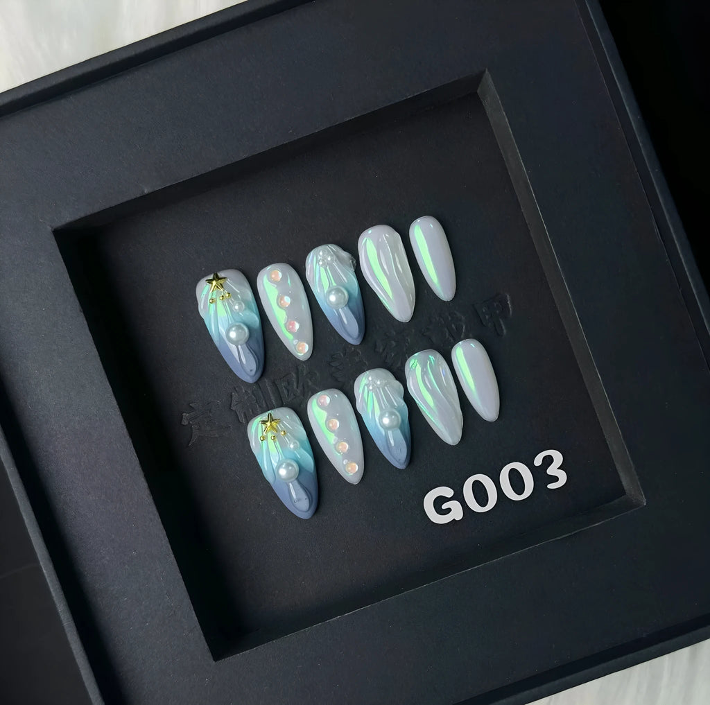HAILANG blue plastic shell nail sticker set in sizes XS, S, M, L on a white background.