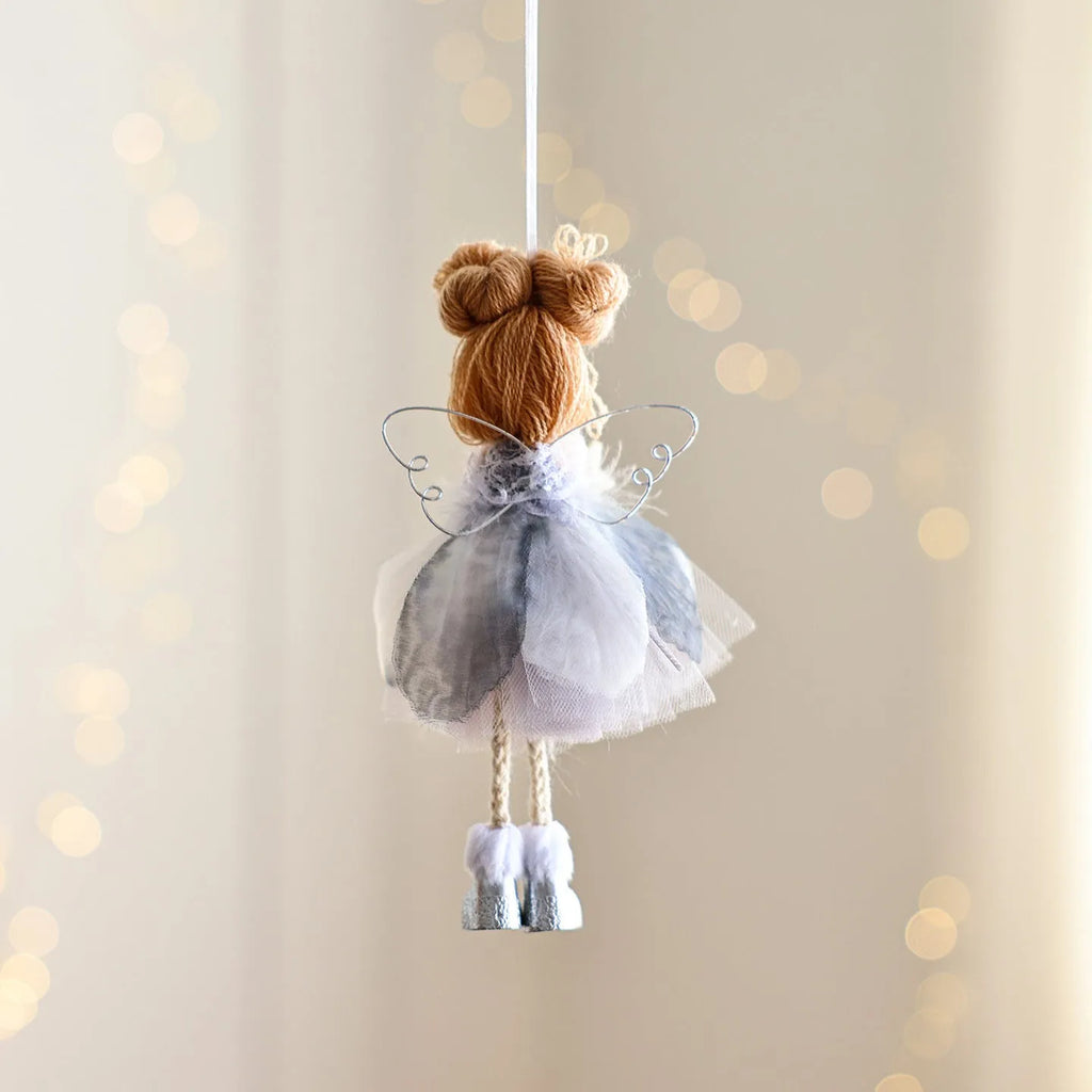 White Christmas tree angel girl ornament with snowflake design made from metal plastic cloth