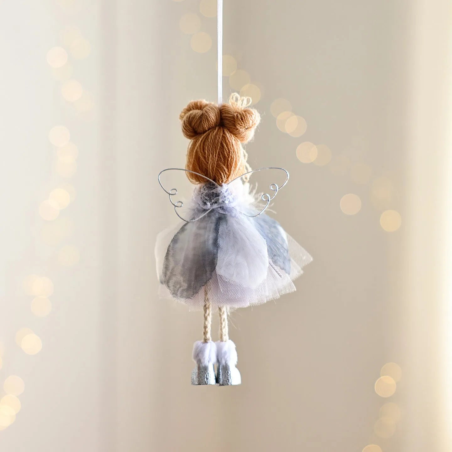 White Christmas tree angel girl ornament with snowflake design made from metal plastic cloth